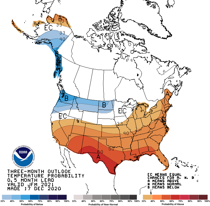 Climate Prediction Center 3-month temperature outlook, valid for January to March 2021.