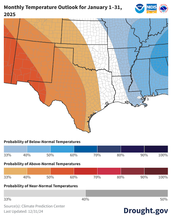  Map showing temperature probabilities for January. Odds favor above-normal temperatures (33%-60% probabilities) across most of the central U.S. with the highest odds over far western Texas. Odds gradually drop to the east such that there are equal chances of above or below normal temperatures along the easternmost flank of the Southern Plains states.