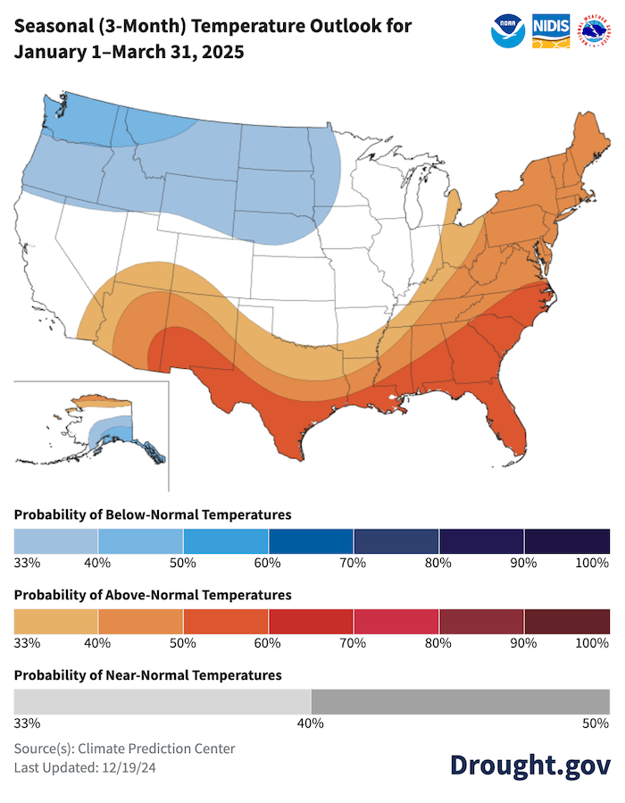  The southern and northeastern U.S. are favored to see warmer than normal temperatures with a 20-60% chance over the next three months. The Pacific Northwest, Northern Rockies, and Northern Plains have a 30% to 50% chance of cooler than normal temperatures. 