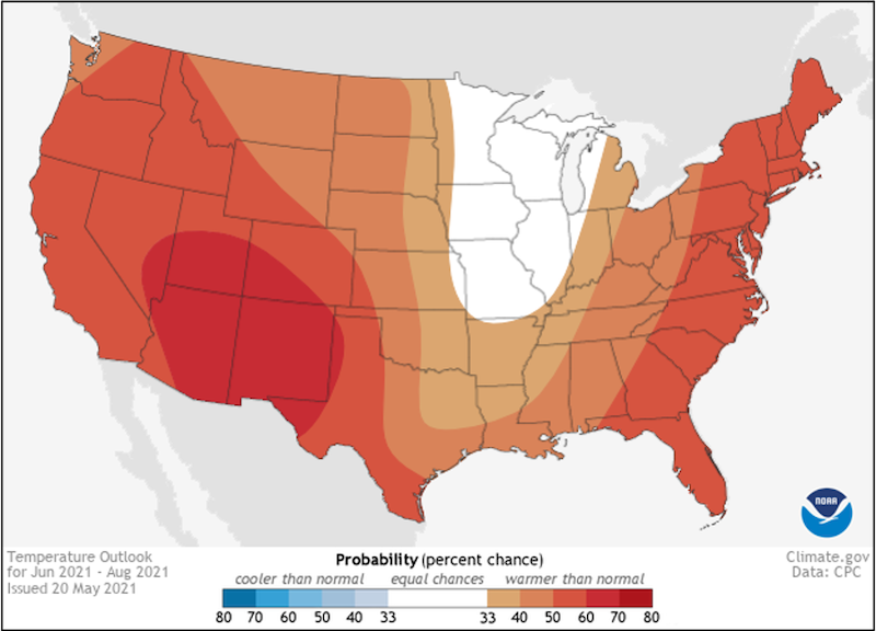 Climate Prediction Center 3-month temperature outlook for June to August 2021, showing the probability that conditions will be above, below, or near normal.  Odds favor above-normal temperatures across the Southeast.