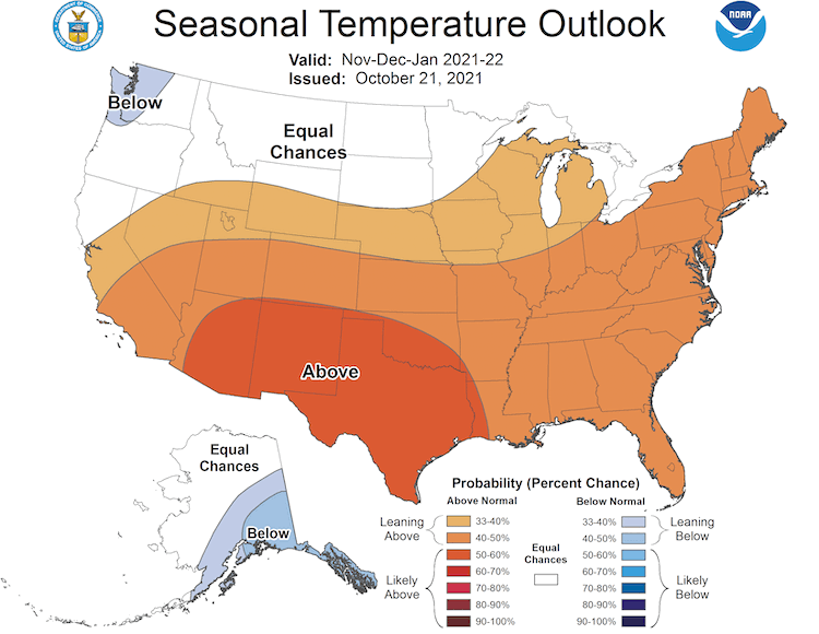 Climate Prediction Center 3-month temperature outlook, valid for November 2021 to December 2022. Odds highly favor above normal temperatures for the Southern Plains for the season.