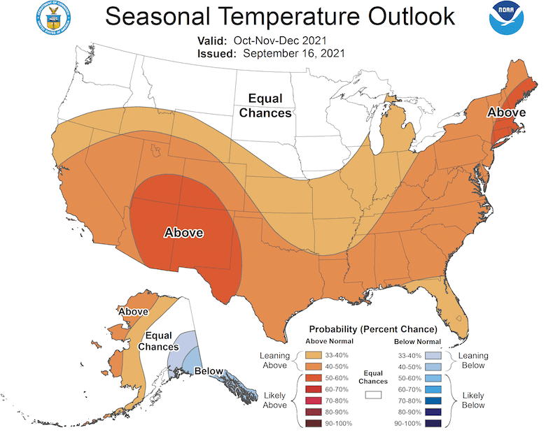 Climate Prediction Center 3-month temperature outlook, showing the probability of exceeding the median temperature for the months of October, November, December 2021. Odds favor above normal temperatures for all of the Intermountain West Region. 