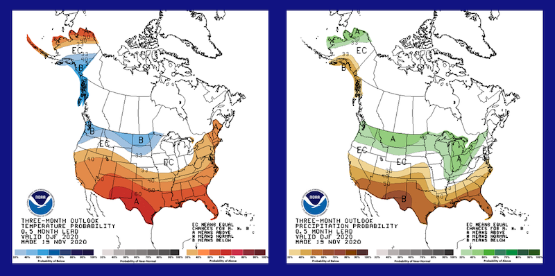 The NOAA 3-month Seasonal Outlook (Dec.-Feb.) predicts a strong chance of above-normal temperatures for the entire southern US as well as an increased chance of below normal rainfall in all of AL, GA, and FL.