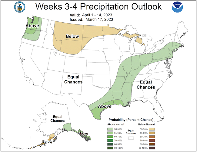 From April 1–14, odds favor above-normal precipitation for Connecticut, Rhode Island, most of Massachusetts, and southern New York/Long Island. Elsewhere, there are equal chances of above- or below-normal conditions.