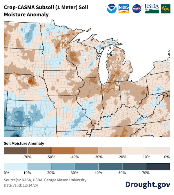  Soil moisture conditions for the top 1 m of soil are low across much of the Midwest including portions of Ohio, Indiana, Michigan, Illinois, western Wisconsin, and northern Michigan, with soil moisture only 20-50% of normal.