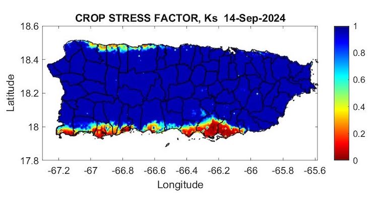 Crop stress factor is 1 (no stress) for the majority of Puerto Rico, except the southern coast and western parts of the northern coast.