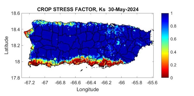 Crop stress is present across the southern coast of Puerto Rico, but with little to no crop stress in most of the island.