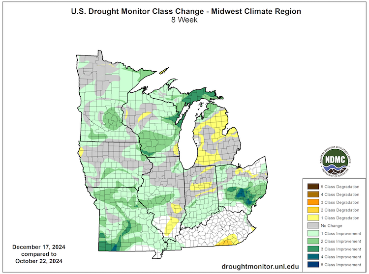  All states in the Midwest had drought improve over the last 8 weeks. The most notable improvement (3-4 categories) was southeast Ohio, the Upper Peninsula of Michigan, Wisconsin, and Missouri. Areas where drought worsened include portions of Lower Michigan, northern Indiana, southern Kentucky and southern Illinois.