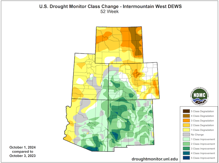 According to the U.S. Drought Monitor Class Change map for the Intermountain West, Wyoming experienced a 3-4 category drought degradation (from 0% to 71.33% drought), and much of New Mexico experienced 1-4 category improvements.