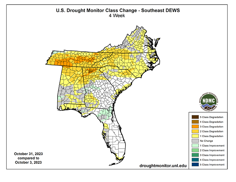 Drought has quickly intensified over the last month, particularly in Alabama, Tennessee, North Carolina and Virginia.