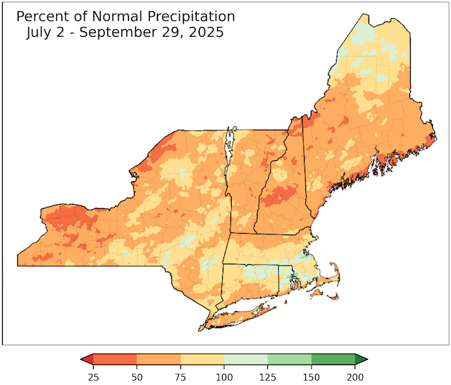 From July 2-September 29, precipitation was below normal across almost all of the Northeast, with only small pockets of slightly above-normal precipitation in Maine, Massachusetts, Rhode Island, New York, and Connecticut.