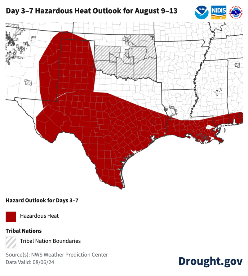 The National Weather Service Weather Prediction Center's day 3-7 hazards outlook for August 9-13 shows a risk for hazardous heat across the South, from eastern New Mexico through much of Texas, and into southern Louisiana and far-southern Mississippi and Alabama.