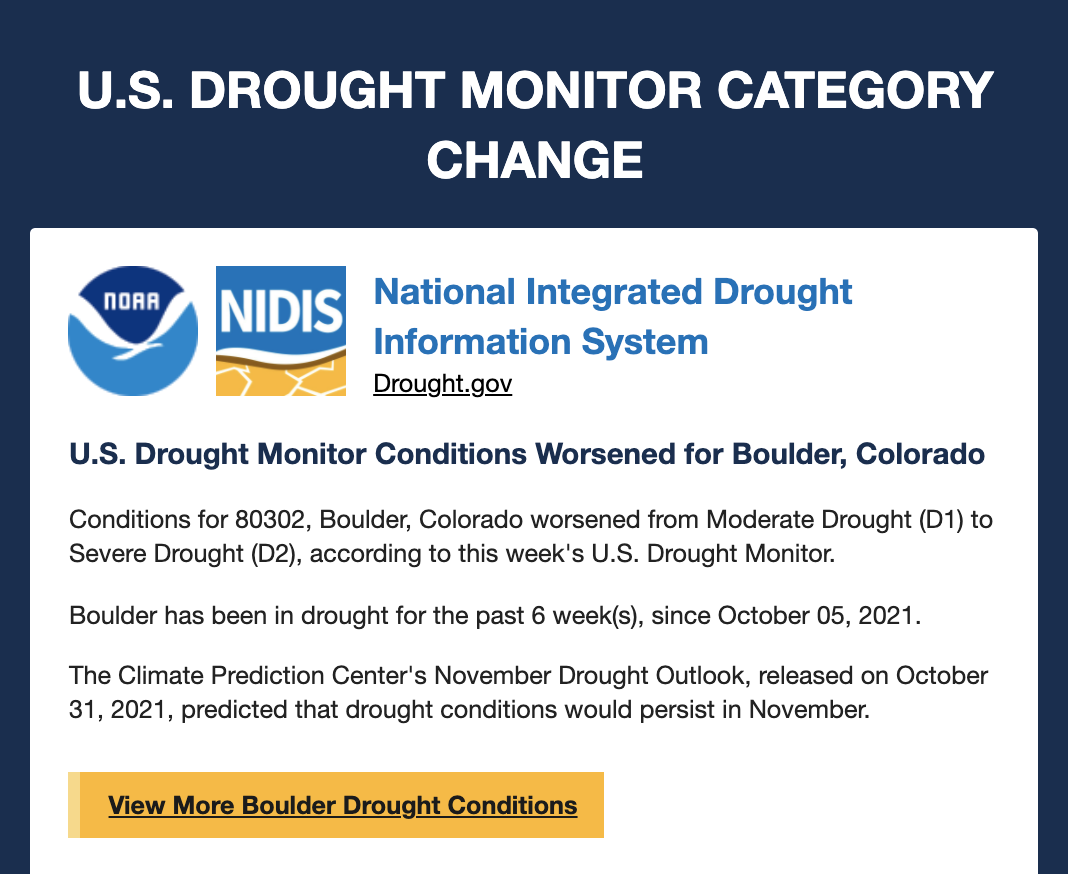 Example drought alert email, showing worsening drought conditions for Boulder, Colorado, according to the U.S. Drought Monitor
