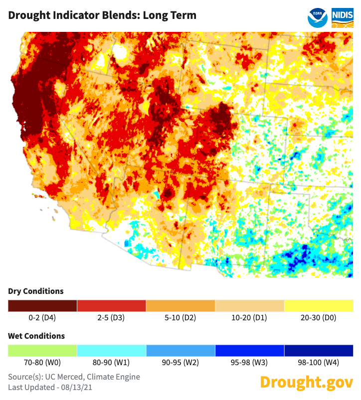 Long-term drought indicator blend from UC Merced and Climate Engine. These data combine PDSI, Z-Index, and 6-month, 1-year, 2-year, and 5-year SPI to estimate the overall long-term drought.  Extreme to exceptional drought persists across the western United States.