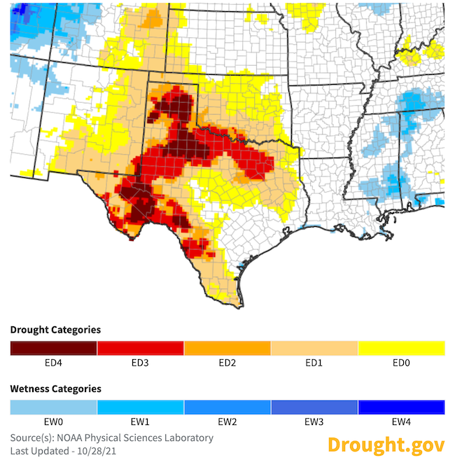 4-week averaged Evaporative Demand Drought Index (EDDI) as of October 28, 2021. Western and Northern Texas saw exceptionally high evaporative demand for the four weeks ending October 28.
