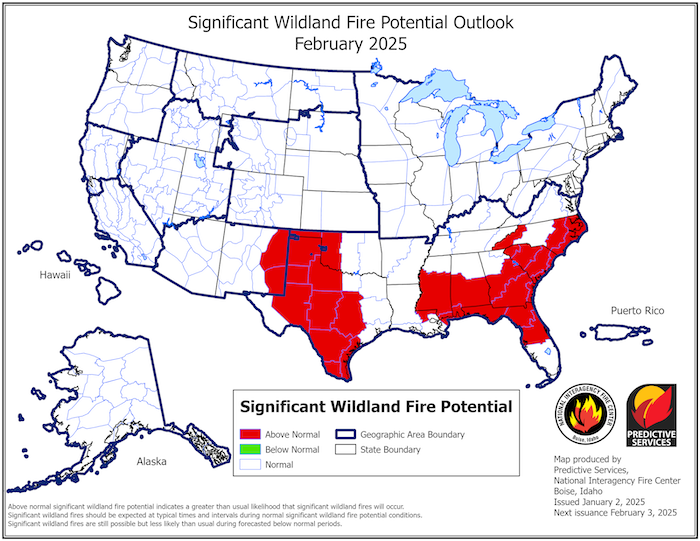 Map shows areas of the United States with significant wildland fire potential.  Most of Texas, western Oklahoma, eastern New Mexico, and large parts of the Southeast have significant wildland fire potential