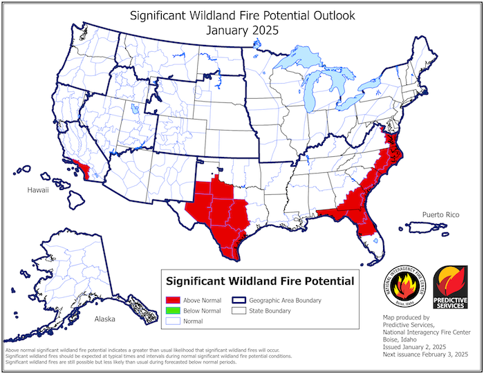 Map shows areas of the United States with significant wildland fire potential. Most  of Texas and the eastern seaboard have above-normal potential for significant wildland fire for January 2025. 