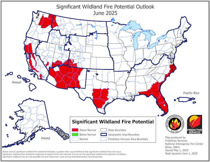 In June, the coastal Southeast, central Texas, the Four Corners, and parts of California and the Pacific Northwest have greater risk of fire.