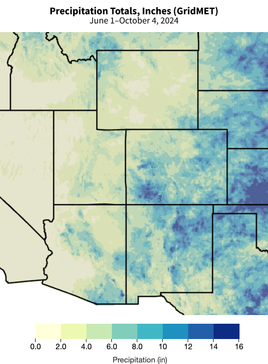 June 1-October 4, 2024 precipitation totals (inches) show favorable monsoon precipitation fell in northern New Mexico, southeastern Arizona, and southwestern Colorado. 