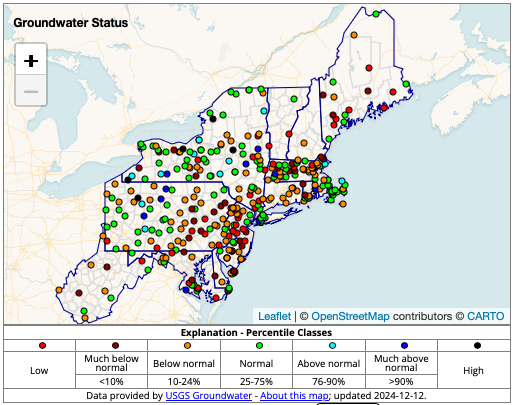 A mix of below (10% to 24%), normal (25% to 75%), above normal (75% to 90%) and high (+90%) percentiles are evident across the region. 