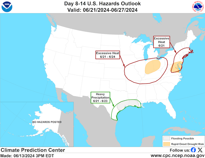 Example map of CPC's Rapid Onset Drought hazard outlook, predicting the risk of rapid onset drought development in the Mid-Atlantic and in Ohio and Indiana.