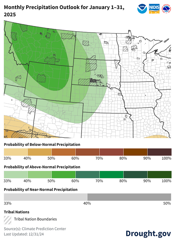 NOAA’s Climate Prediction Center expects above average temperatures and above normal precipitation for the central and western parts of the Missouri River Basin. 