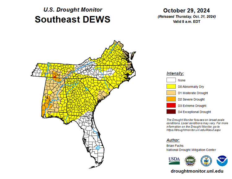 The U.S. Drought Monitor map for October 29, 2024 shows over 50% of the region that is now experiencing Abnormally Dry conditions (D0)