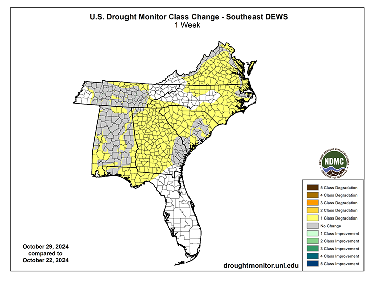 The U.S. Drought Monitor change map for October 29, 2024 shows the emergence of Abnormally Dry conditions (D0) across nearly half of the Southeast region compared to last week’s map. 