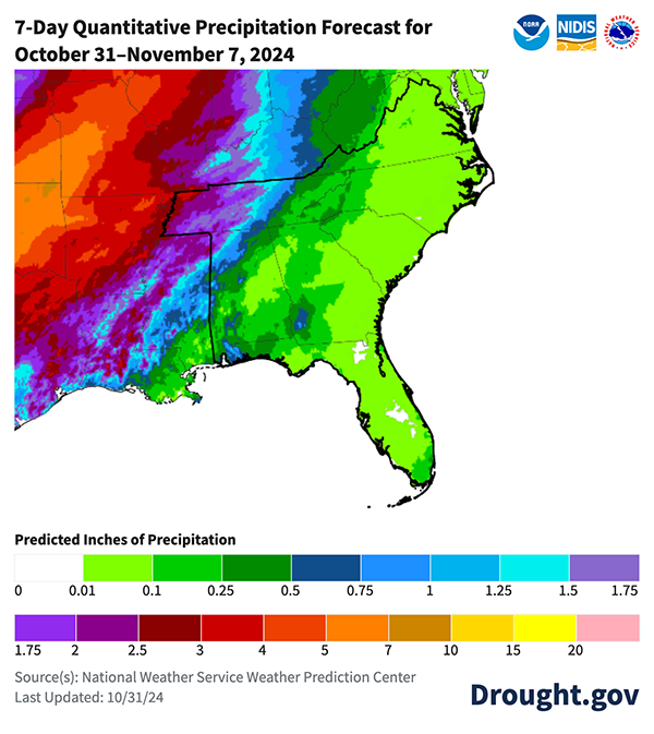 Negligible rainfall is expected over the next week across most of the Southeast region, with the exception of the northwest corner of Alabama and western Tennessee that is expecting 1-2 inches.