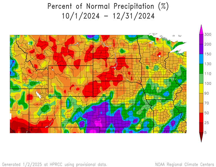 Most of Montana, Wyoming, North Dakota, South Dakota, and Nebraska have received 25% to 70% of their normal precipitation over the fall and early winter (October–December). Other areas, including eastern Colorado, Kansas, and southern Nebraska, received near-normal to above-normal precipitation (100% to more than 200% of normal).