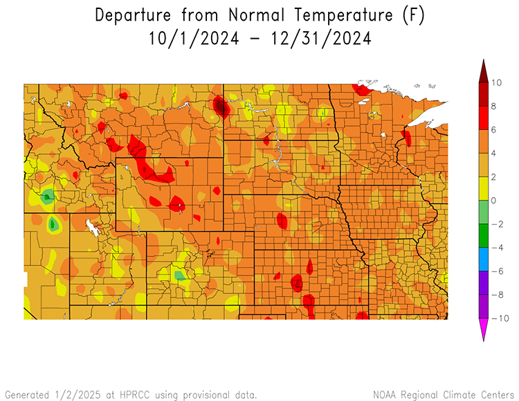 Over the fall and early winter from October to December, temperatures were above normal across all of the Basin, with all states seeing temperatures 2 to 6 degrees above average during this period. Isolated parts of Wyoming, Montana, North Dakota and Kansas saw temperatures that were 8 to 10 degrees above normal. 