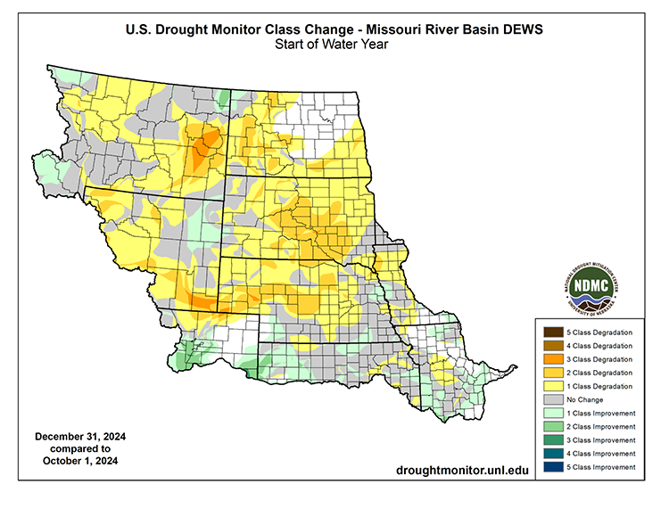 Parts basin states saw drought persistence or between a one- to three-category degradation in the U.S. Drought Monitor over the last 12 weeks (since October 1, 2024). 