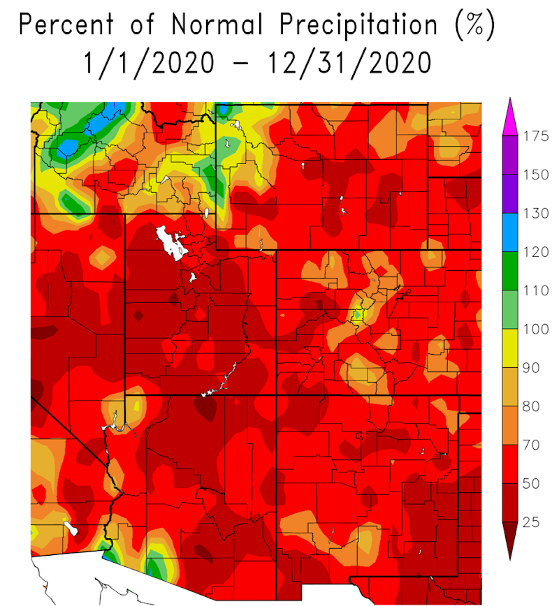 Percent of normal precipitation, 2020, for the Intermountain West region. Shows below-normal precipitation across most of the region.