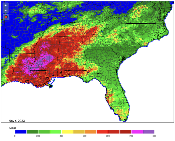 Louisiana, Mississippi, and Alabama along with parts of the Florida panhandle, eastern Georgia, and southern Tennessee show a Keetch Byram Drought Index of over 400. Areas with a higher index value have a higher likelihood of large and difficult to contain wildfires.