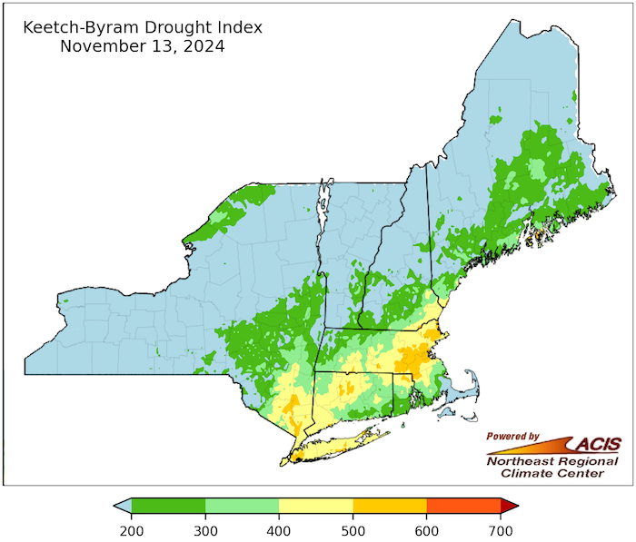 Yellow and Orange KBDI values between 400 and nearly 600 extend from Long Island and southeast New York through Connecticut, Massachusetts and portions of Rhode Island and New Hampshire.