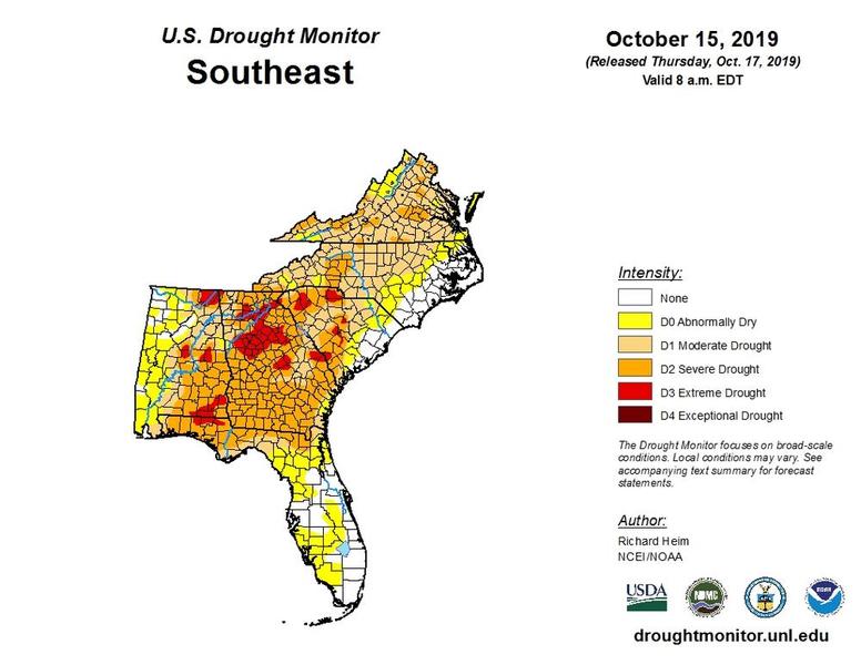 October 15 U.S. Drought Monitor map of the Southeast U,S.