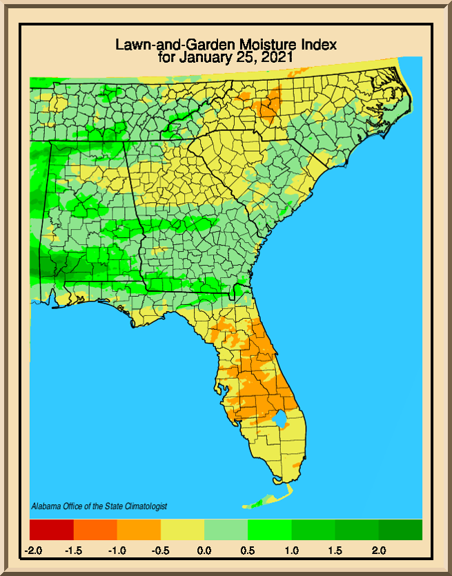 Lawn and Garden Index from the University of Alabama at Huntsville, valid January 25, 2021. Shows some dryness in northern Alabama and Georgia as well as peninsular Florida, creeping into some coastal edges of the Florida panhandle.