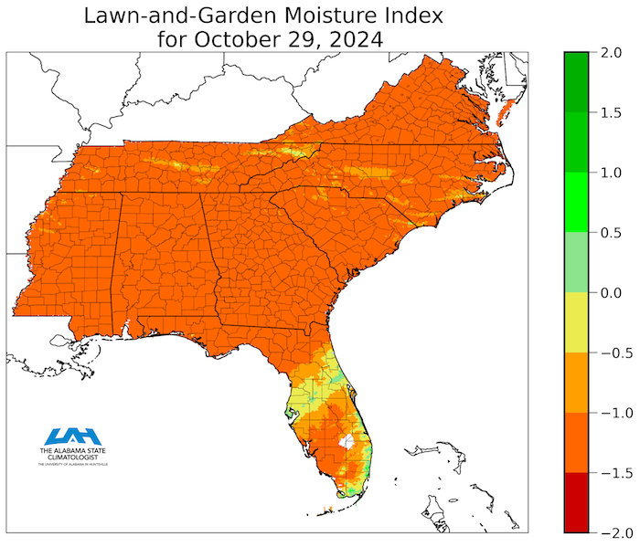 The Lawn and Garden Moisture Index for October 29 is between 1 to 1.5 for most of the southeast (except the Florida Peninsula), indicating precipitation deficits.