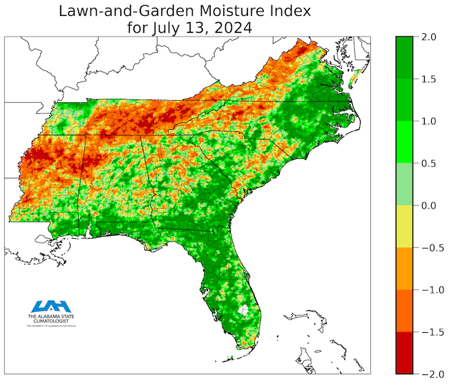 Parts of northern Alabama, eastern and central Tennessee, South Carolina, North Carolina, and Virginia show soil moisture deficits.