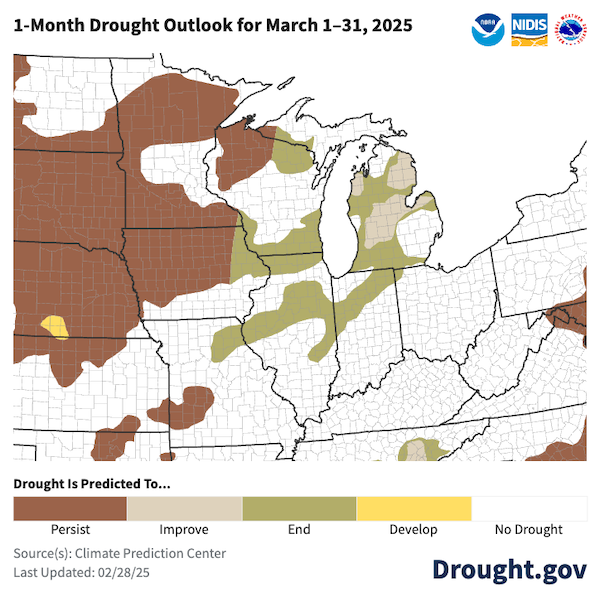 NOAA’s Climate Prediction Center predicts that drought will improve or end in Michigan, with improvement also expected in Illinois, Indiana, and Wisconsin in March. Drought is forecast to persist through March across Minnesota, Iowa, northern Wisconsin, and western Missouri.