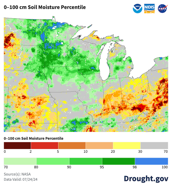 Soil moisture conditions for the top 100 cm of soil are low across much of the Ohio River Basin, including portions of Ohio, Kentucky, and Indiana.