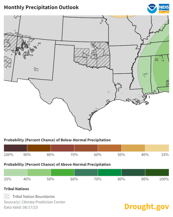 This map shows the monthly precipitation outlook for the Southern Plains for September 2023, by the National Weather Service Climate Prediction Center. Equal chances for above or below normal precipitation chances are favored for the Southern Plains.