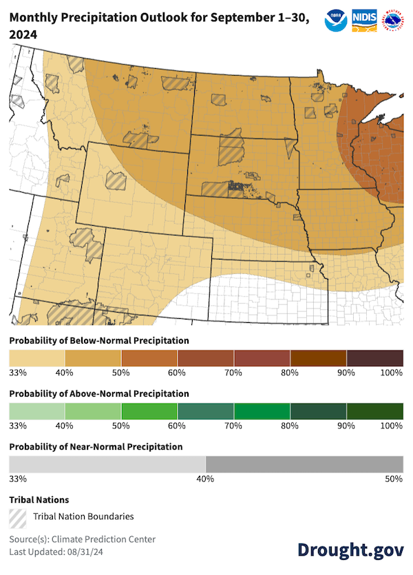 The Climate Prediction Center predicts greater chances for above-normal temperatures and below-normal precipitation across the Missouri River Basin in September.