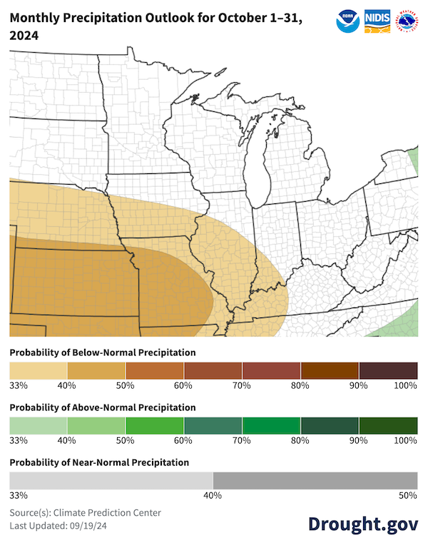 There are slightly increased chances for below-normal precipitation across Missouri and portions of Iowa, Illinois, Indiana, and Kentucky. The rest of the region has equal chances for above-, below-, or near-normal precipitation during October 2024. 