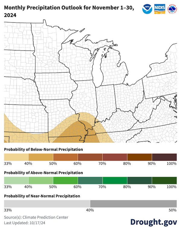 The entire Midwest region has equal chances for above-, below-, or near-normal precipitation during November 2024.