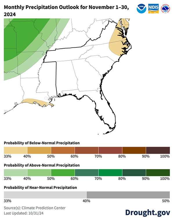 There are equal chances for above- or below-normal precipitation throughout the month of November