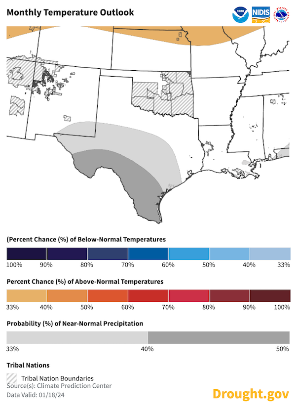  The February temperature outlook shows an equal chance of above-, near-, or below-normal temperatures across most of the Southern Plains, according to Climate Prediction Center’s outlook. The exception is far southern Texas, where odds favor near-normal temperatures for the month.