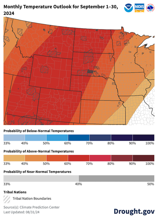 The Climate Prediction Center predicts greater chances for above-normal temperatures and below-normal precipitation across the Missouri River Basin in September.