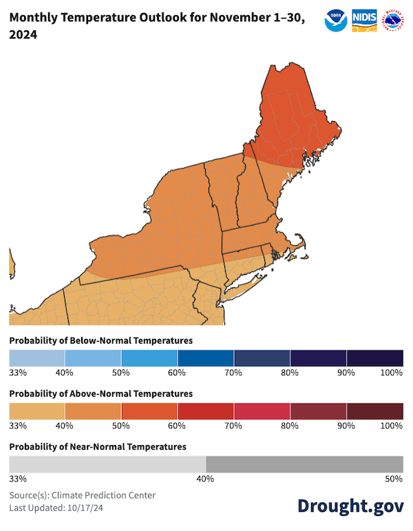 There is a 33% to 60% chance for above-normal temperatures throughout the region during the month of November.