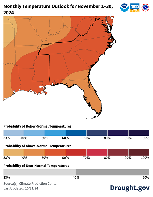 Above normal temperatures are expected over the next month in the Southeast, with 50-60% change of above normal temperatures across most of the region and slightly lower percentage for most of Florida and southern Georgia.